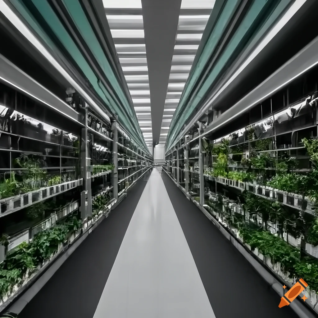 hallway in a research building with plants and gardens