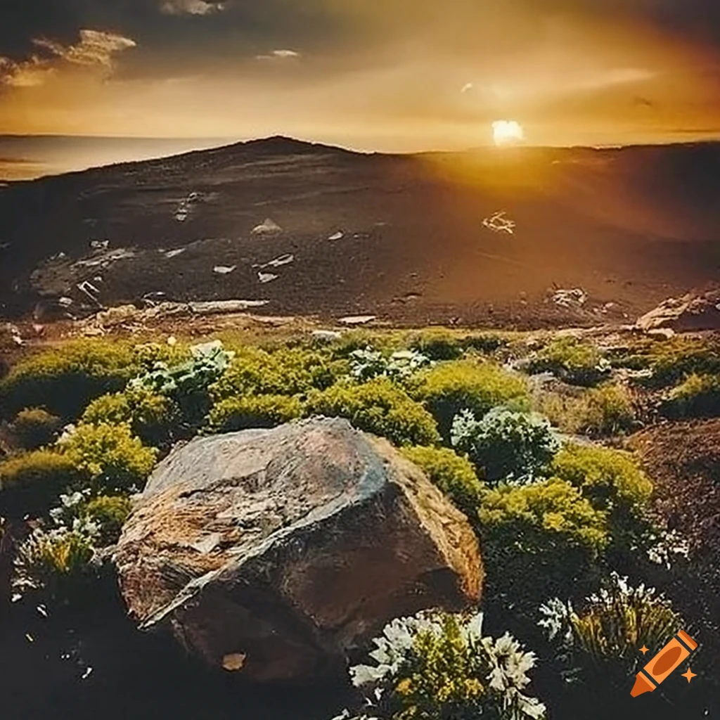 Postapocalyptic photo of a rock on mars with flowers on Craiyon