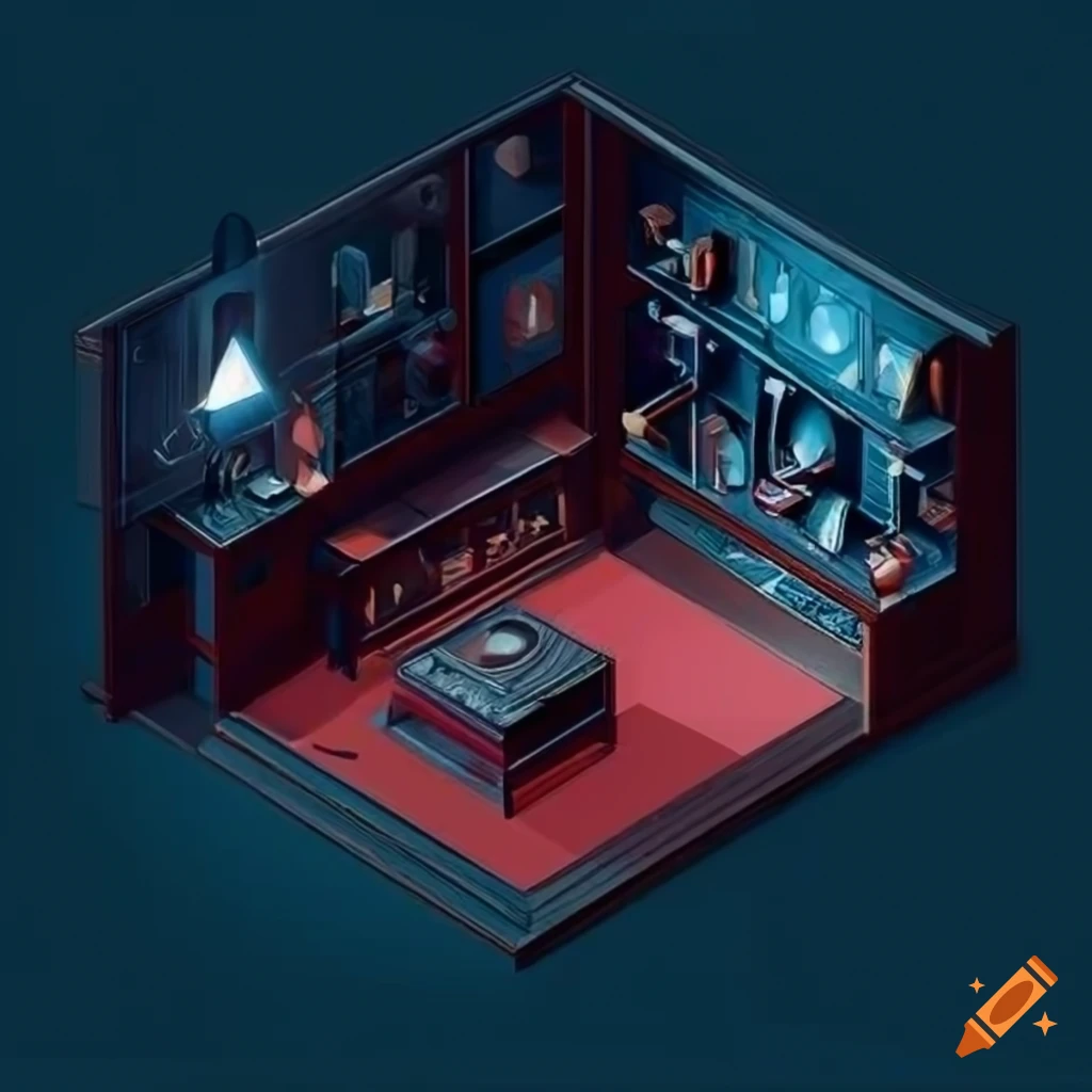 isometric view of a gothic regency study with bookshelves