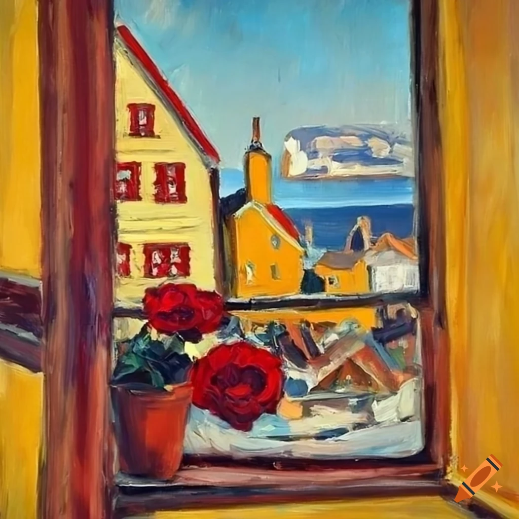 Modigliani style oil painting of a view from a window