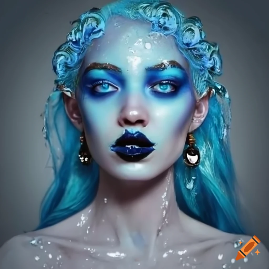 Artistic depiction of a wet blue-skinned goddess