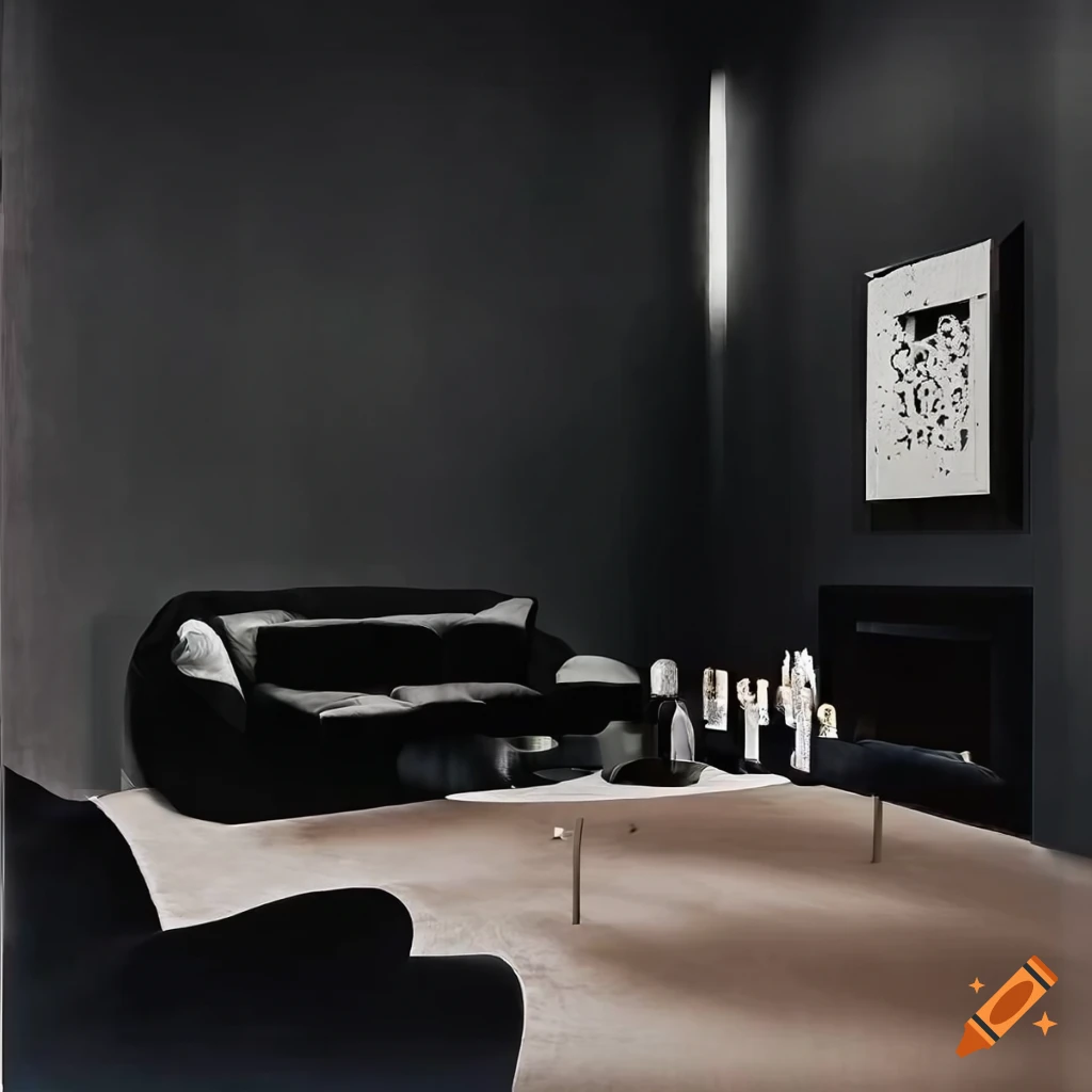 70s style nocturnal living room interior with black velvet sofas on Craiyon