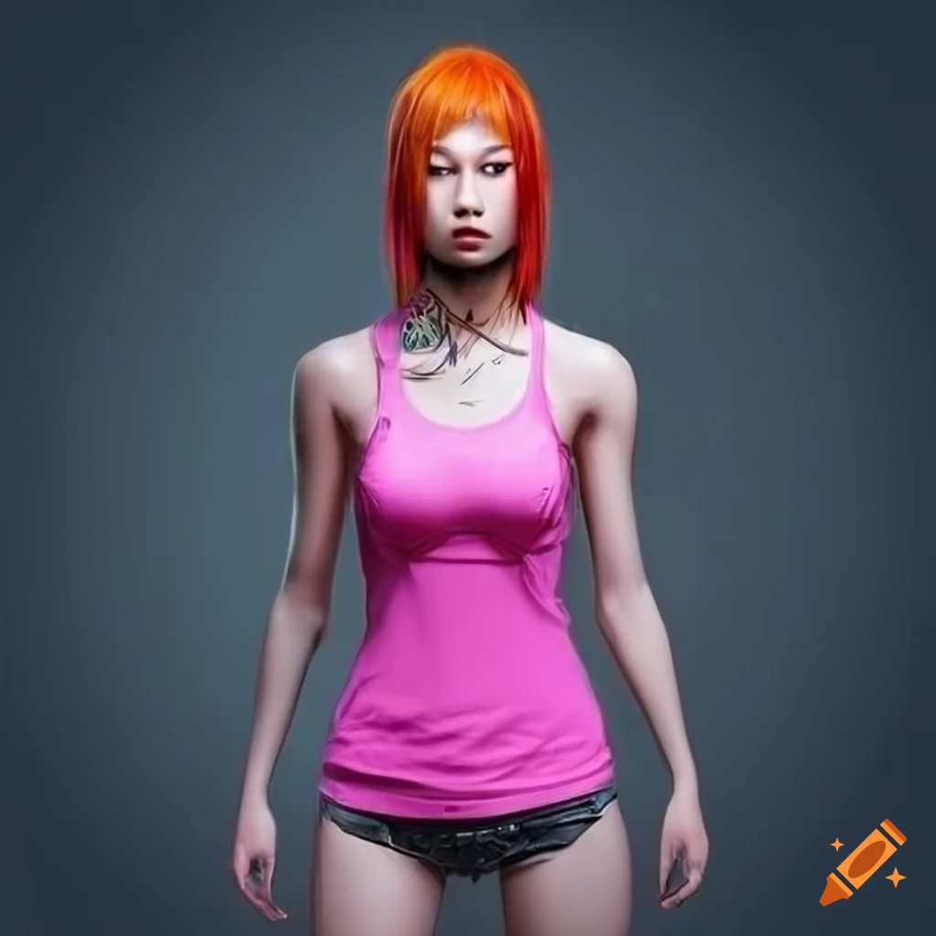 cyberpunk asian woman with orange hair in pink racerback tank top