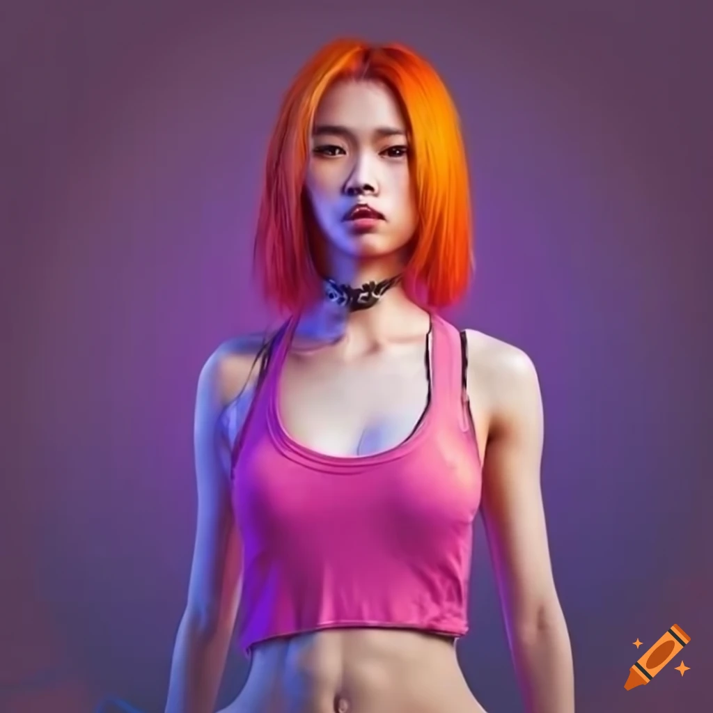 cyberpunk asian woman with orange hair in pink racerback tank top
