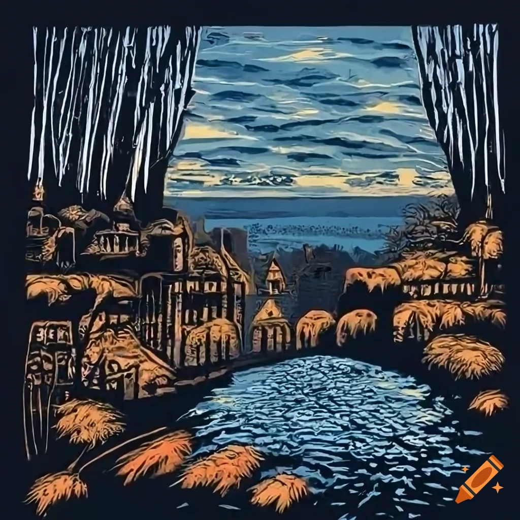 Linocut illustration of a garden world at sunrise
