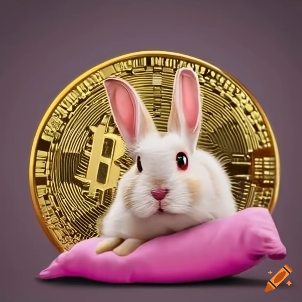 Cute bunny on a pink pillow with crypto tokens on Craiyon
