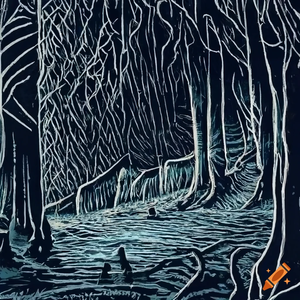 Detailed linocut illustration of surreal landscape at sunrise on Craiyon