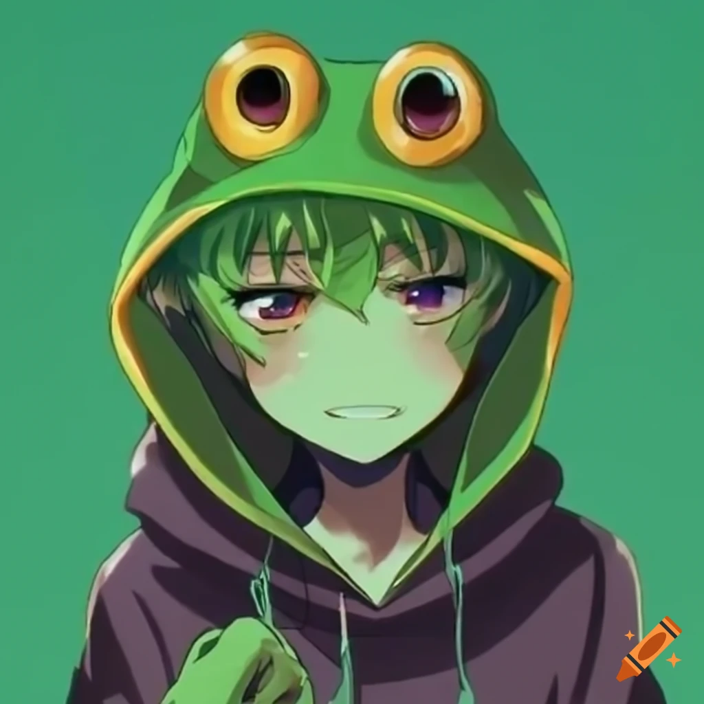 anime character wearing a frog hoodie
