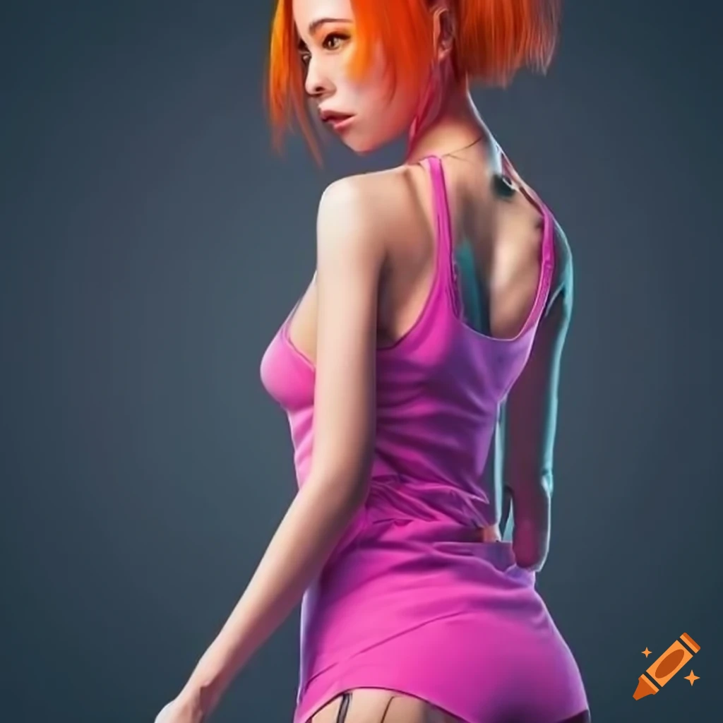 cyberpunk asian woman with orange hair in pink racerback tank top
