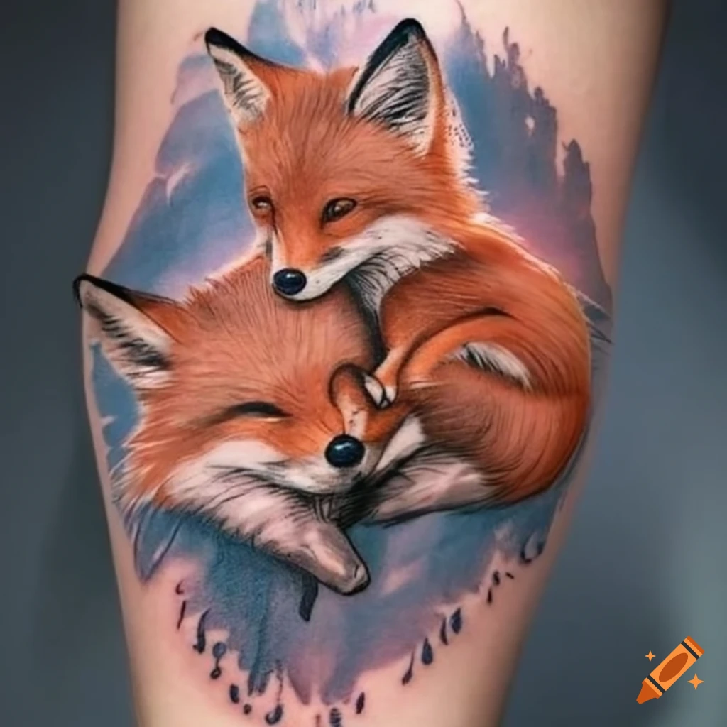 Elbow tattoo of two playful foxes in a forest on Craiyon