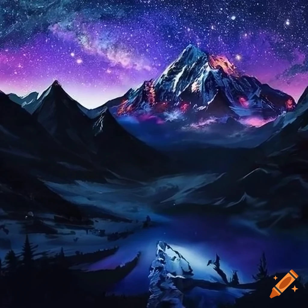 digital painting of a mountain under a starry sky