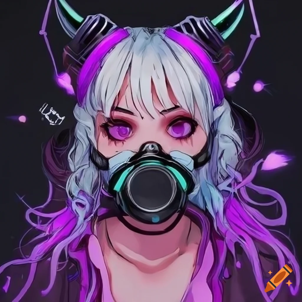 Purple cyberpunk waifu with devil horns and gas mask