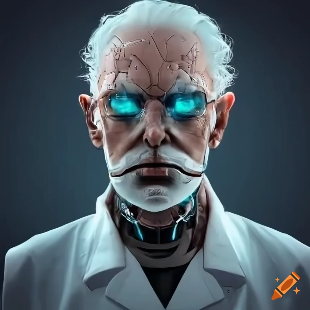 portrait of an old man with cyber enhancements