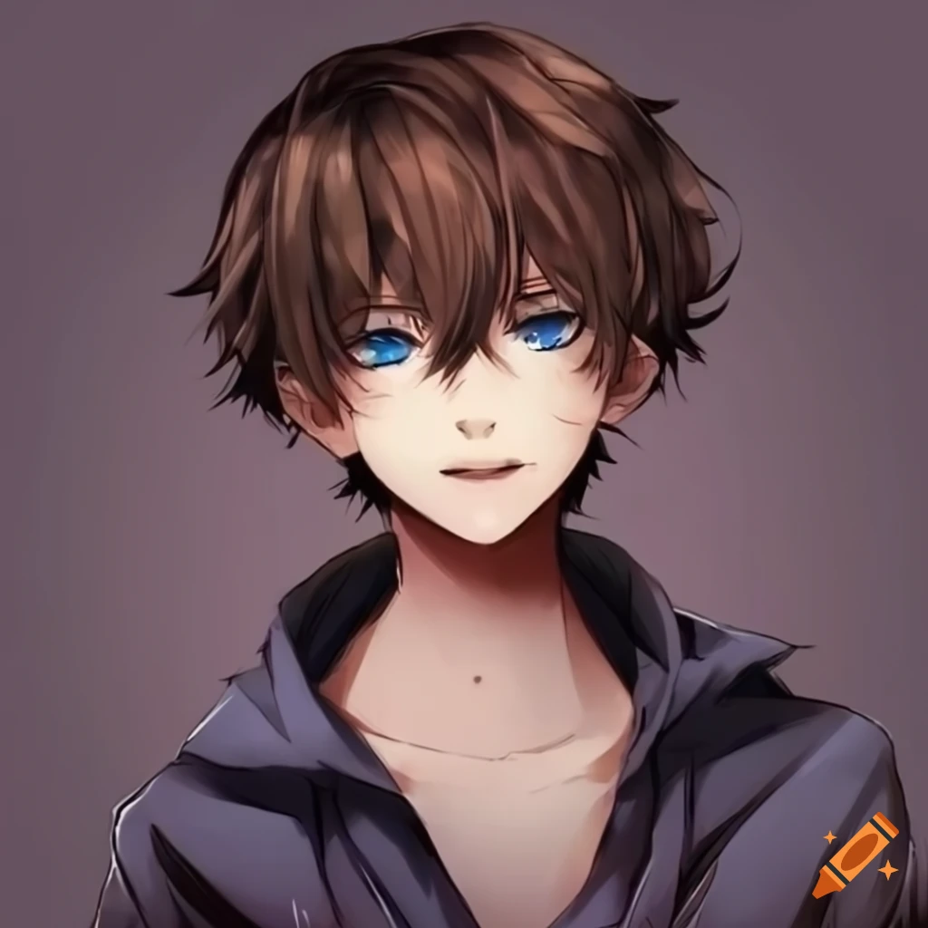 anime boy with wavy brown hair and blue eyes