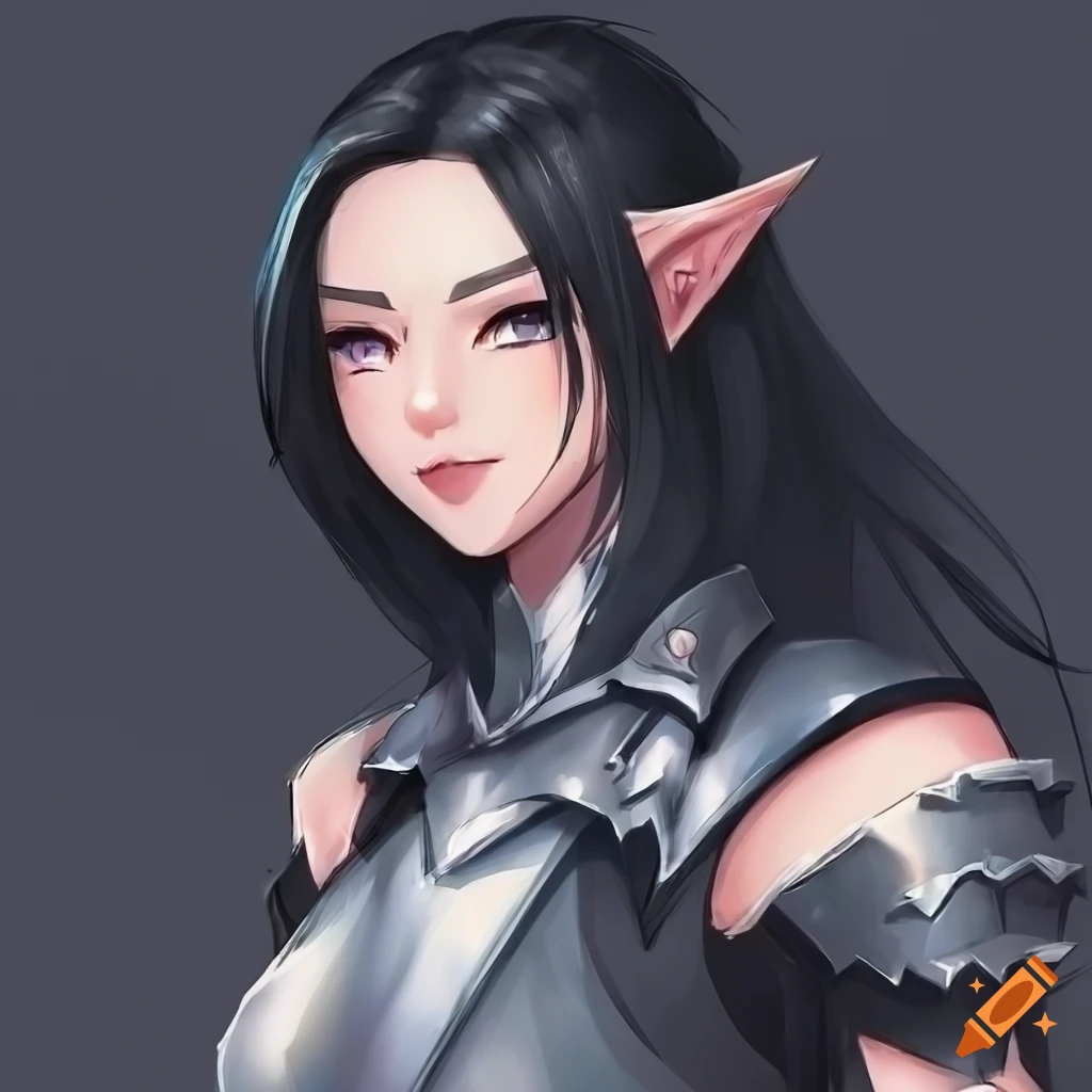 Detailed concept art of a confident female elf with spiked armor on Craiyon