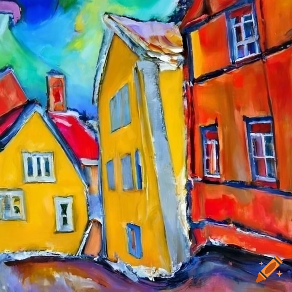 Modigliani and Kandinsky oil painting of norwegian houses