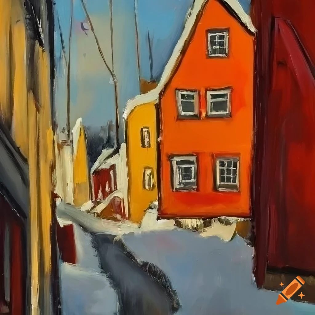 Vibrant oil painting of a winter village in Norway on Craiyon