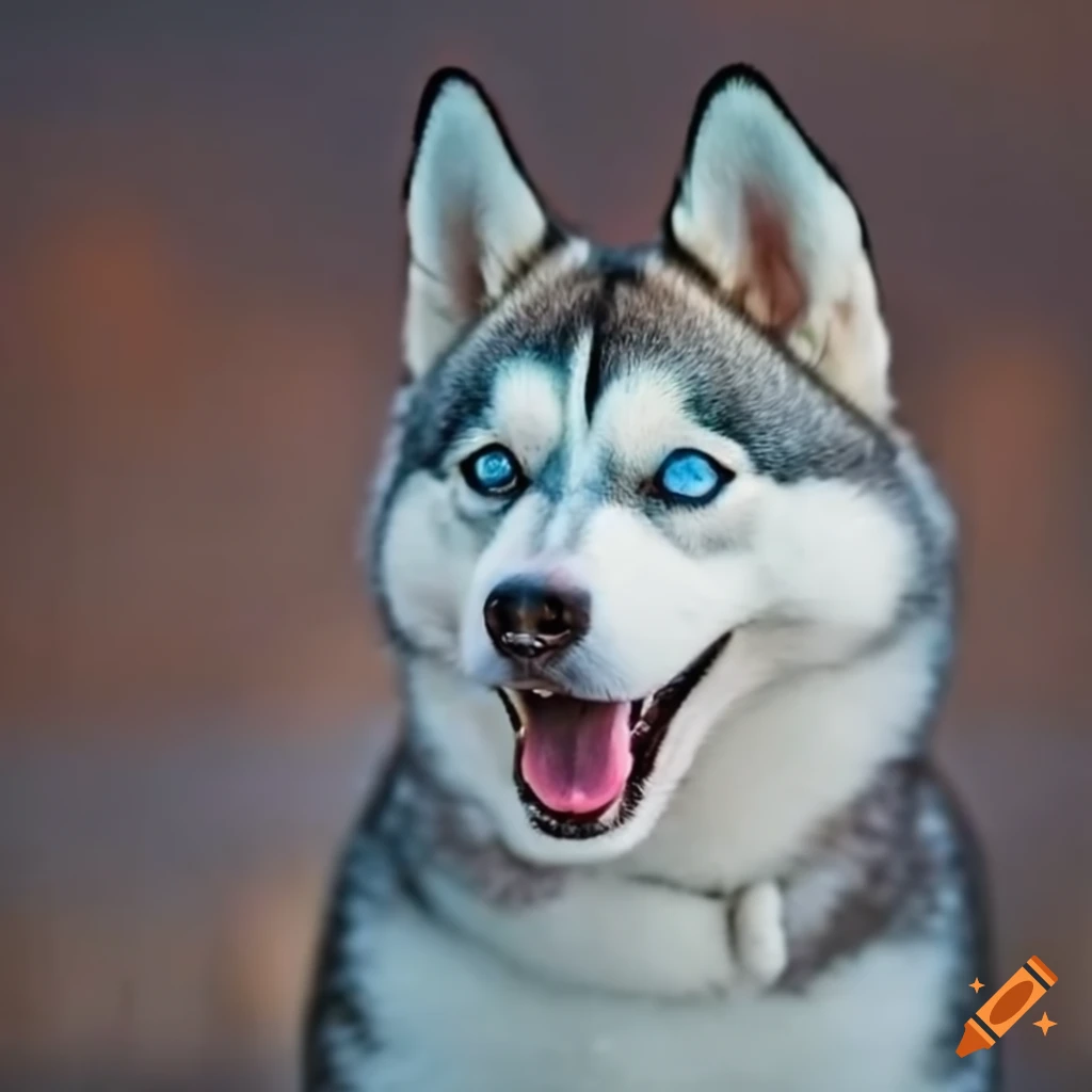 Siberian husky with blue eyes and a tattoo