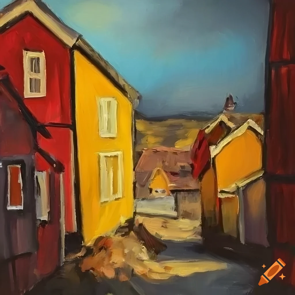 autumn village painting in Modigliani style