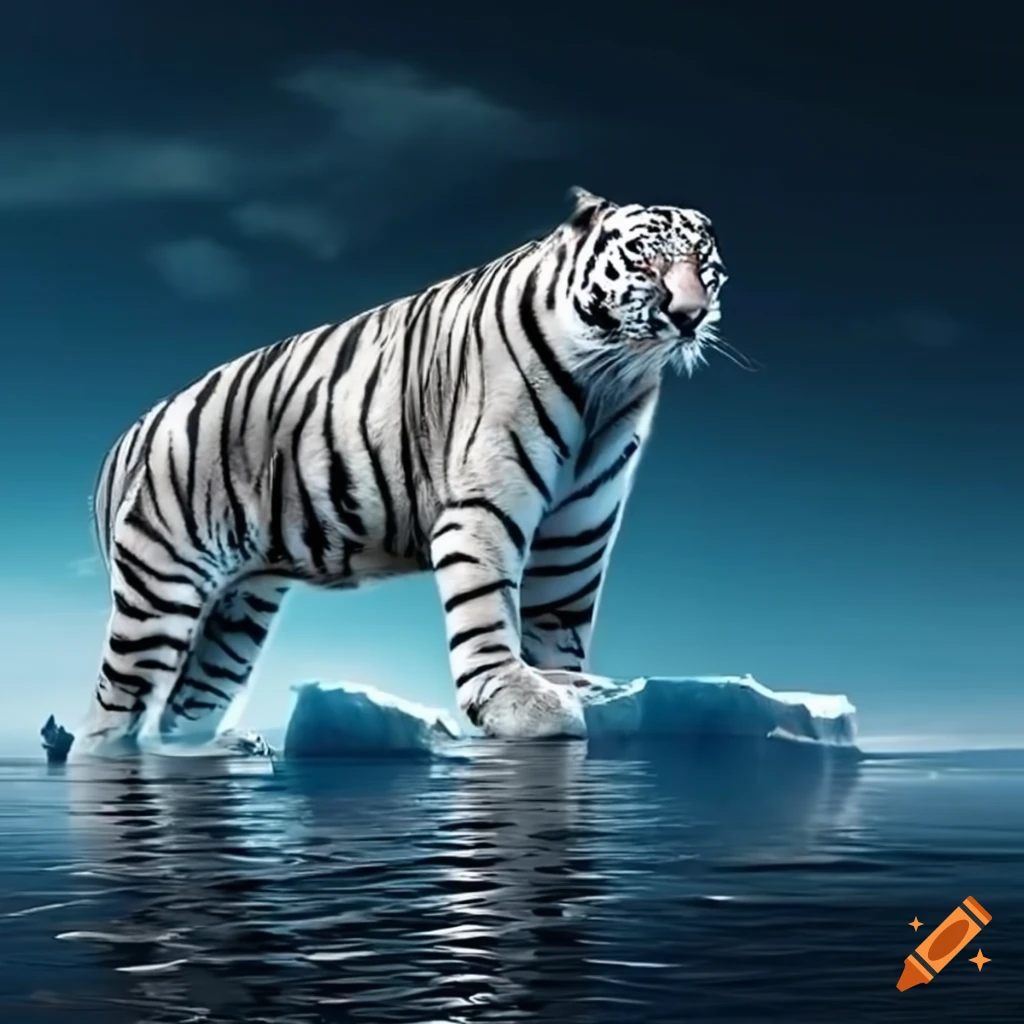 Silver tiger standing on an iceberg on Craiyon