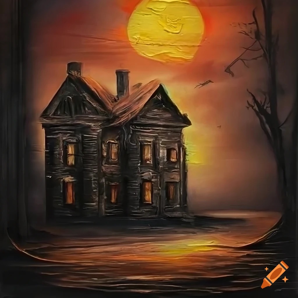 oil painting of a haunted house at sunset on scratched wooden canvas