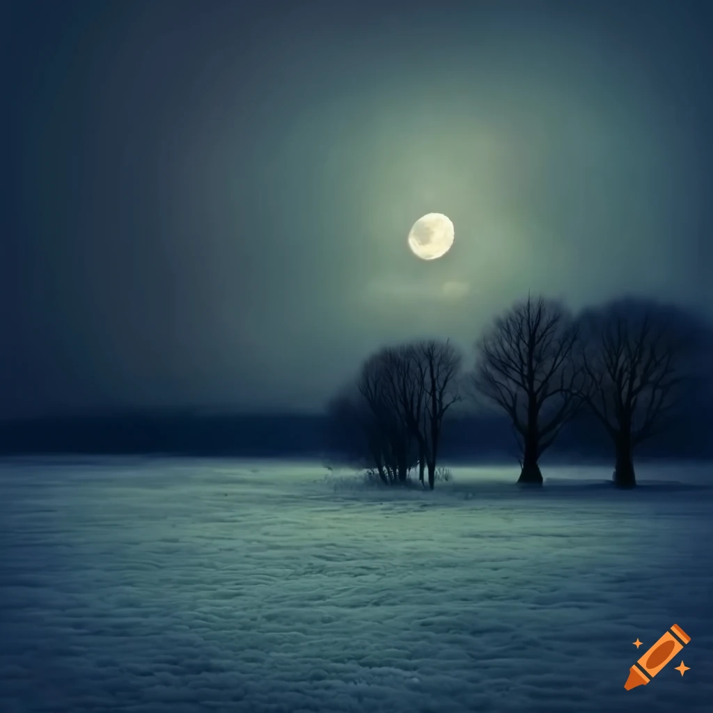 painting of a moonlit frosty field with dark trees