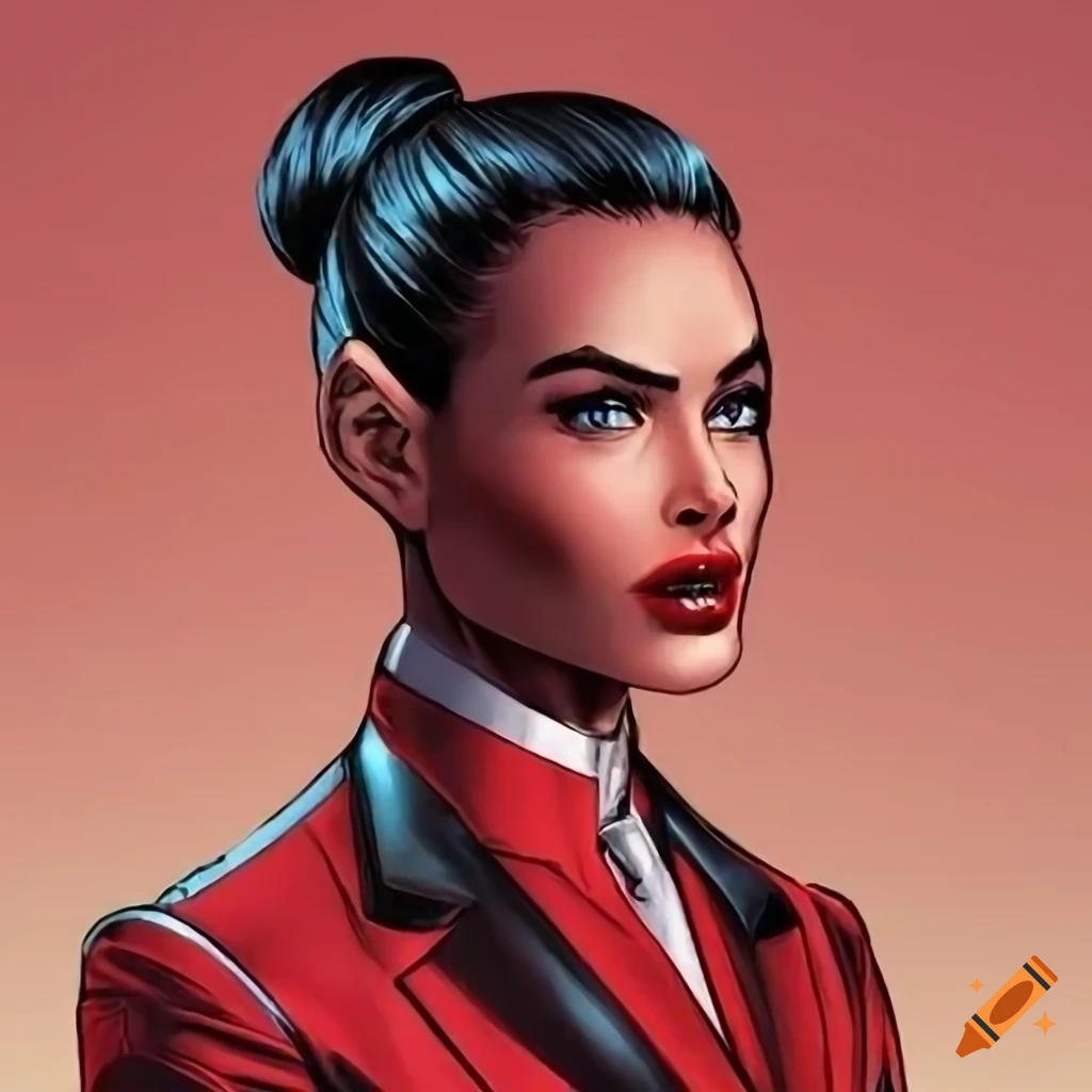 comic book panel of confident woman in red suit