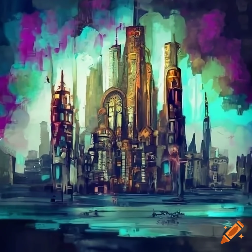Steampunk Cityscape With Magical Beings And Steam