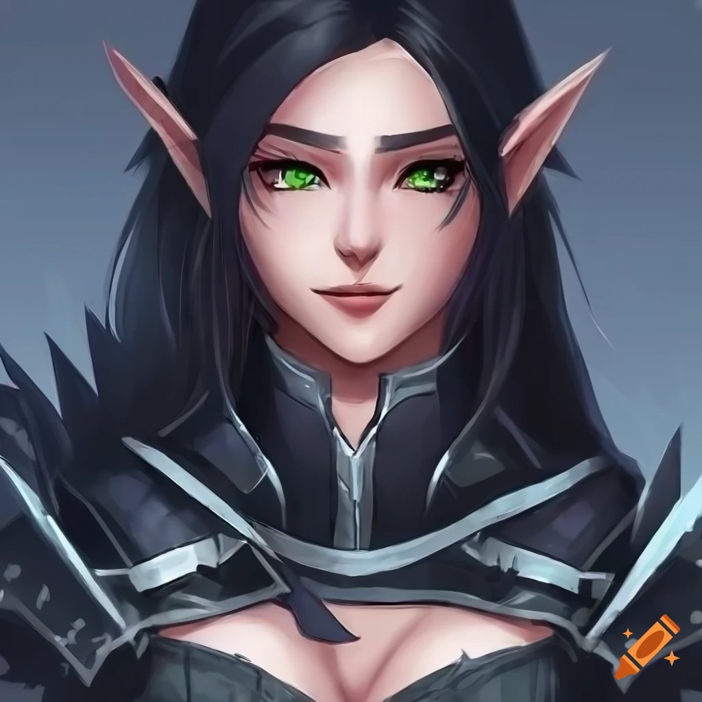 Detailed Artwork Of A Confident Female Elf With Black Hair 