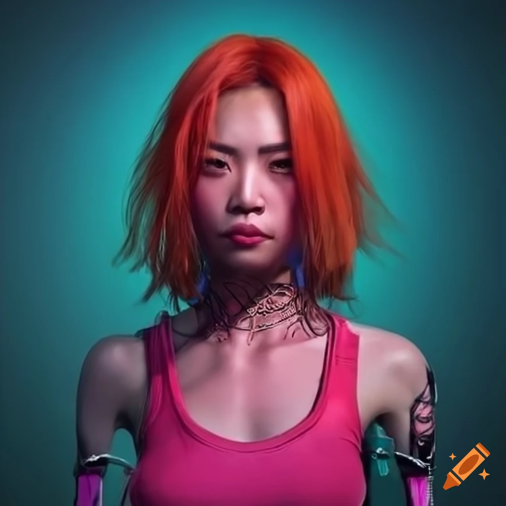 cyberpunk asian woman with orange hair and pink racerback tank top