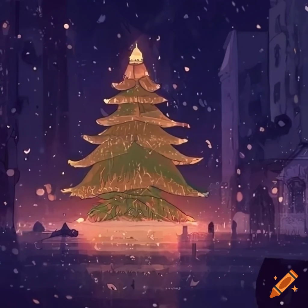 Cel animation of a christmas tree in the rain on Craiyon