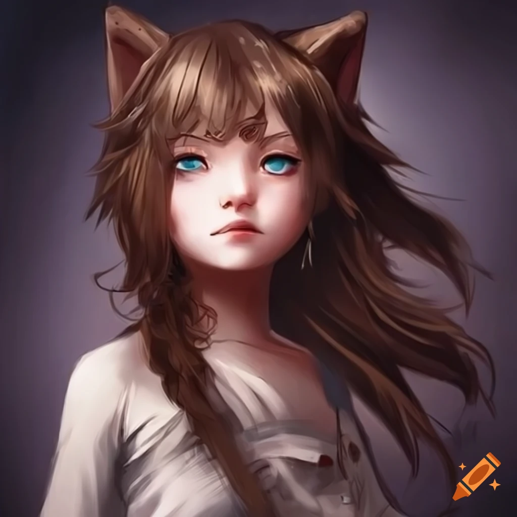 Illustration of a wolf girl with brown hair and white skin