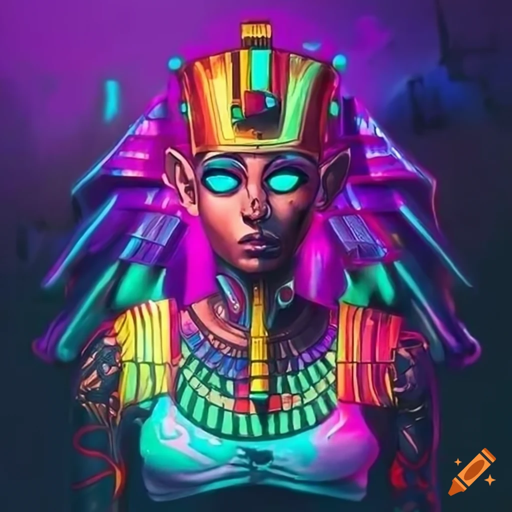 Cyberpunk pharaoh with colorful tattoos on Craiyon