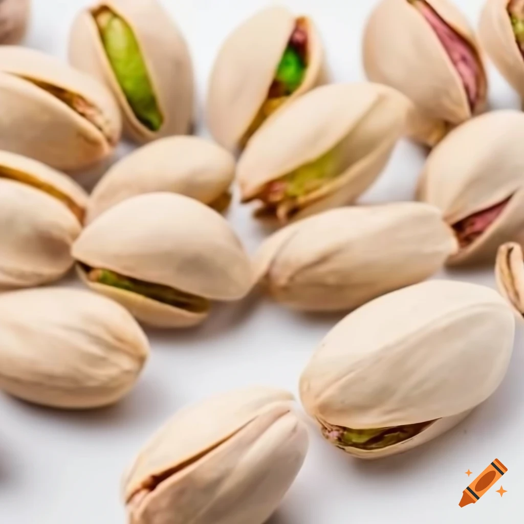 neatly arranged pistachios on white background