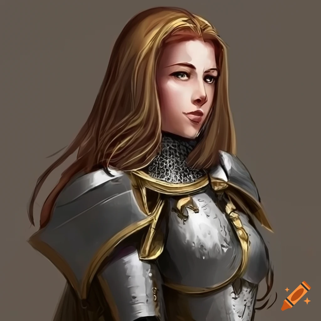Illustration of a fierce female knight with brown hair