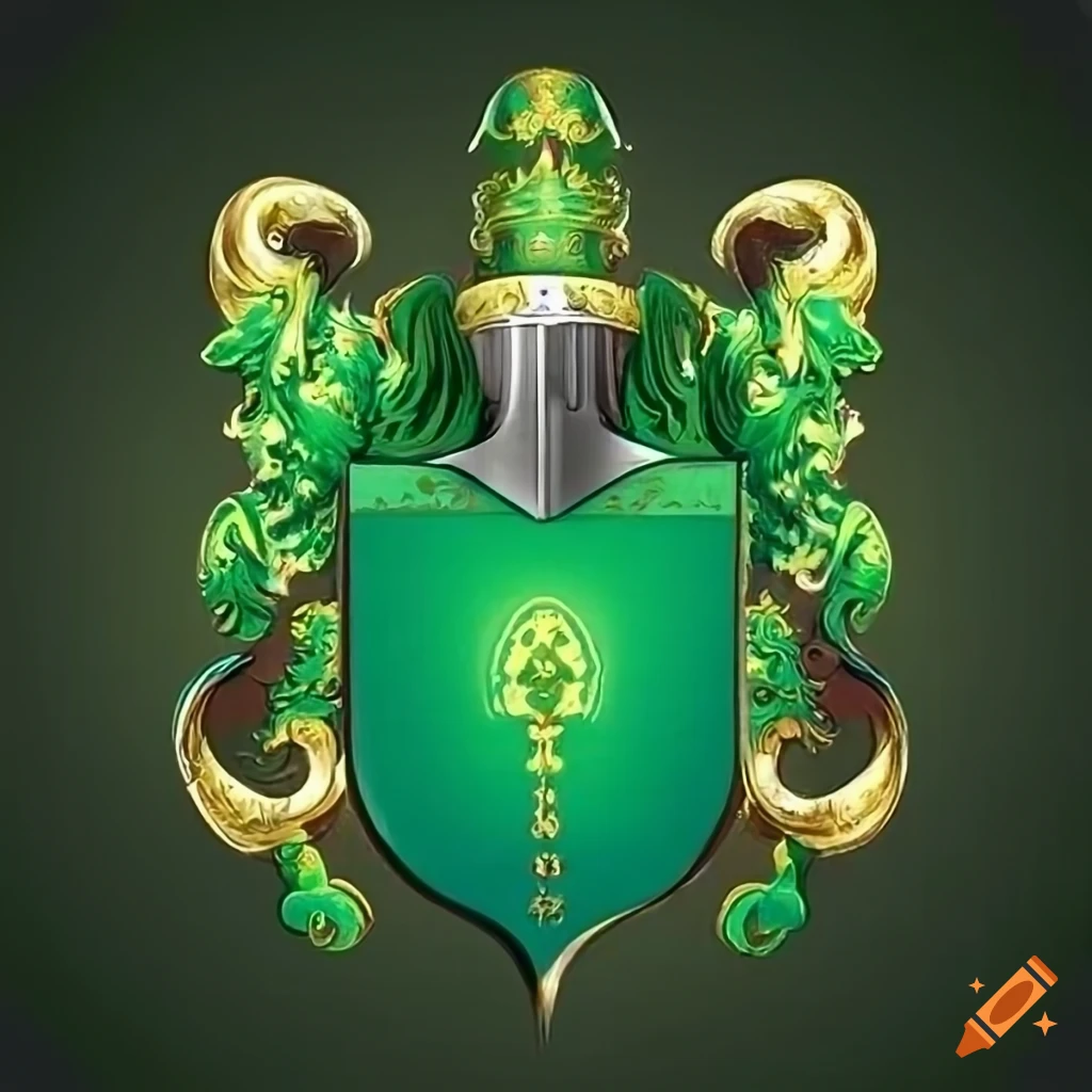 Family crest with a strong sturdy tree in center of a polished steel  shield.on top of tree is a crown. colors are deep green and silver on  Craiyon