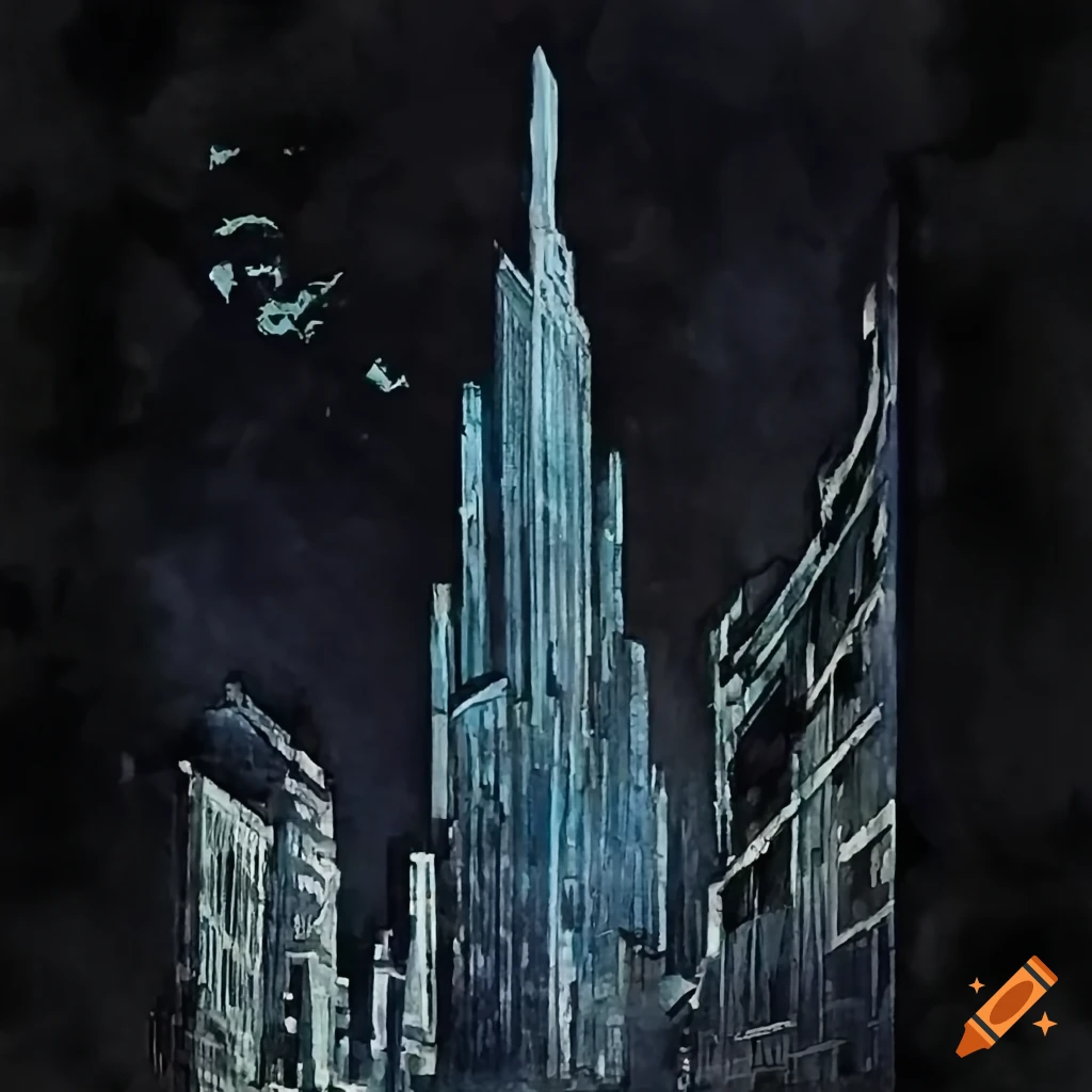 Moebius comic panel of a black skyscraper in a stormy night