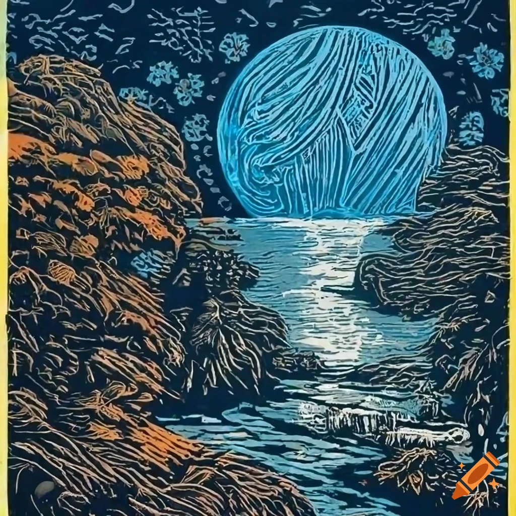 Linocut illustration of a garden world at sunrise on Craiyon