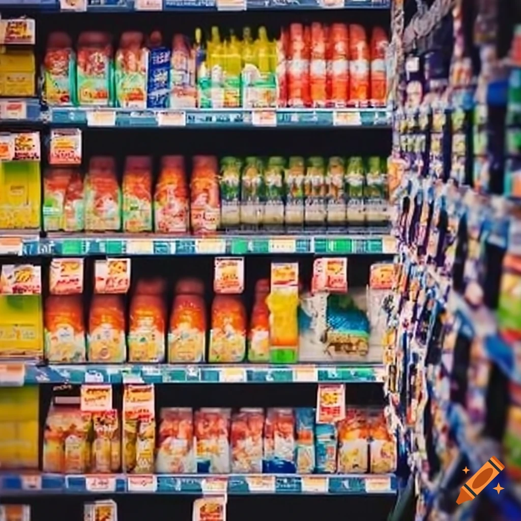 vibrant supermarket shelves filled with groceries