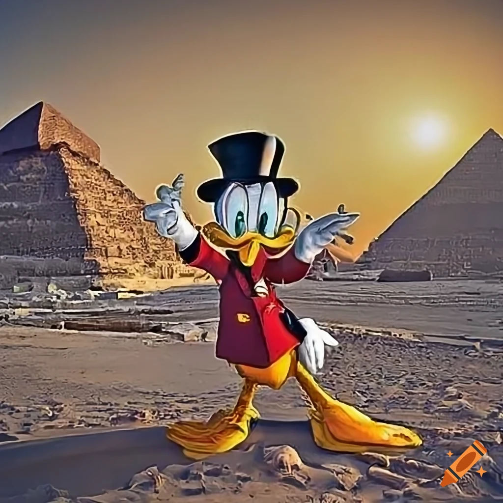 Scrooge McDuck posing in front of the pyramids
