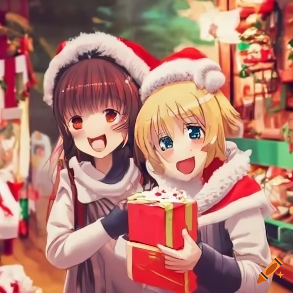 Anime girls at a christmas market buying gifts on Craiyon