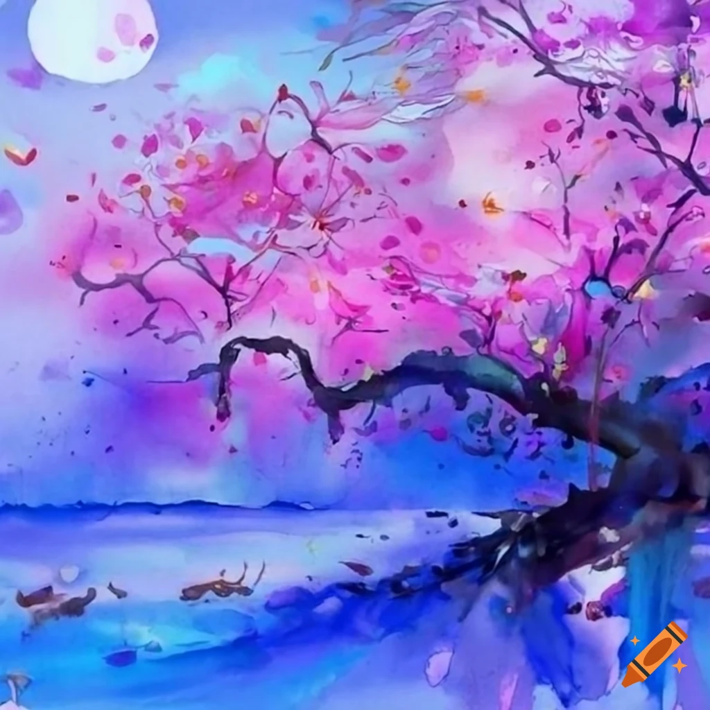 Ink painting of flowers in a scenic setting