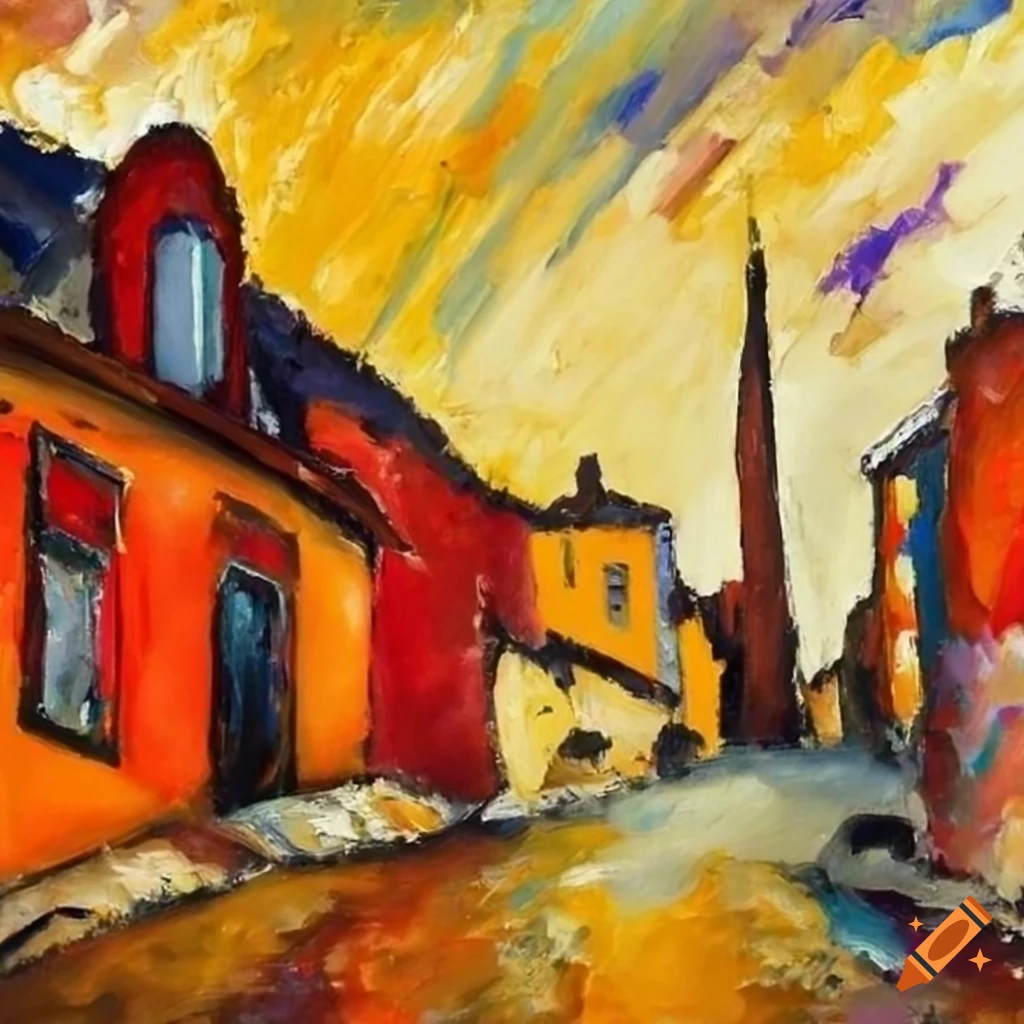 oil painting of roofs in a small town
