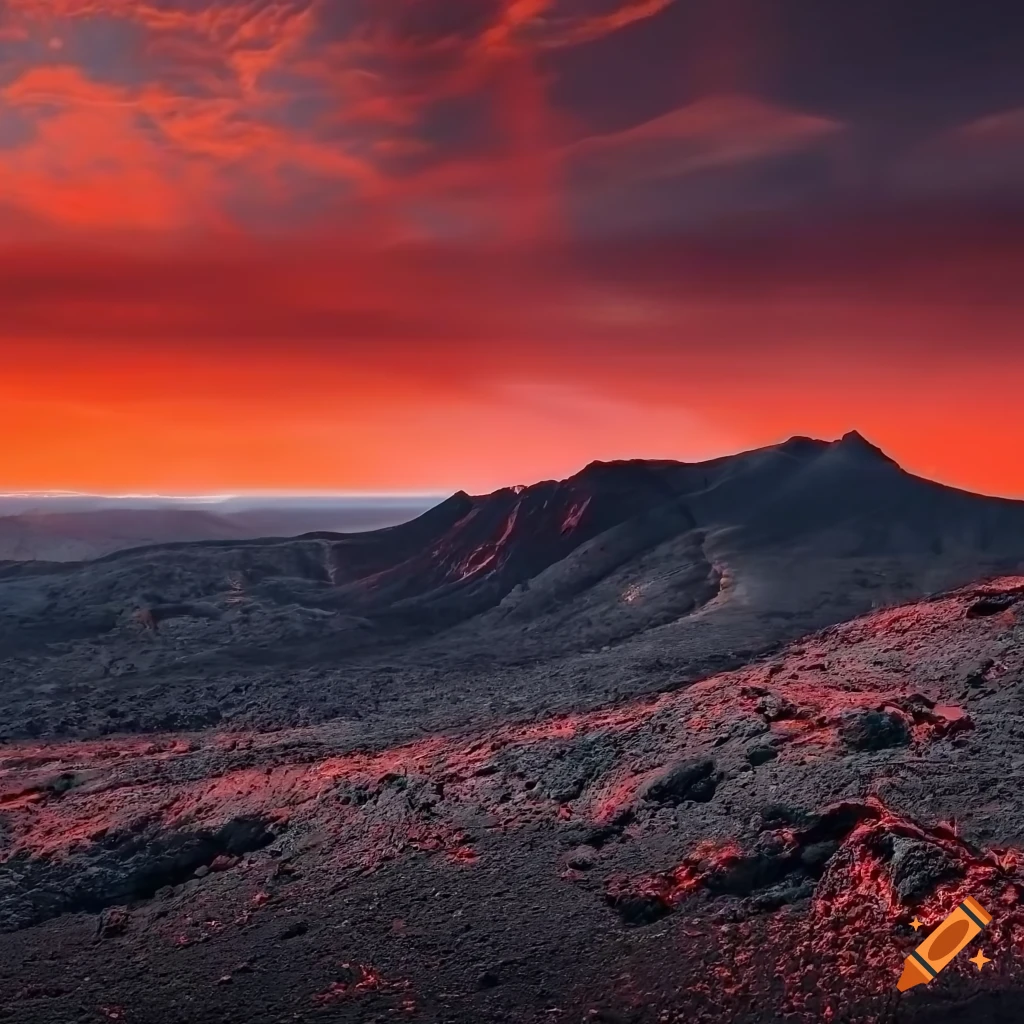 majestic landscape with volcanic soil and red clouds