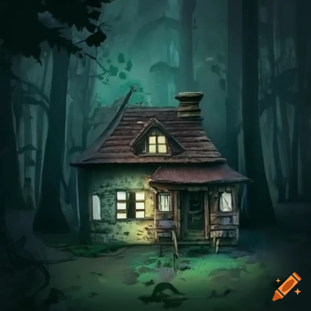 dark fairy core style cottage surrounded by trees and plants