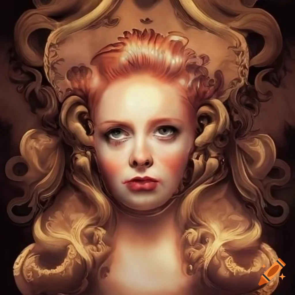 Surrealistic baroque decor with redhead hair spread out