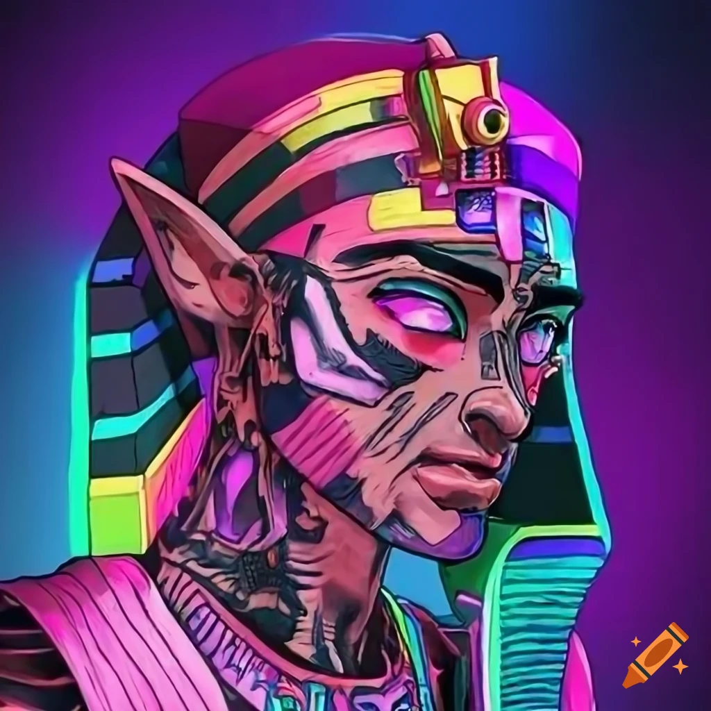 RGB cyberpunk Pharaoh with tattoos