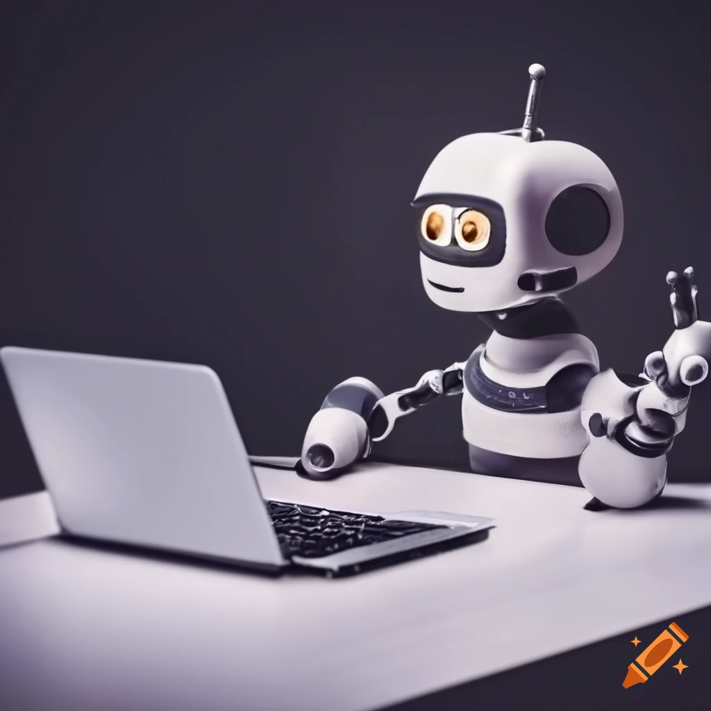 copper and brass robot writing on a laptop