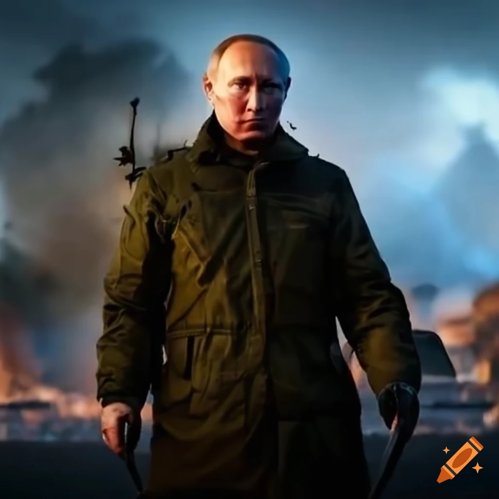 cartoon depiction of Vladimir Putin with Russian flags and tanks