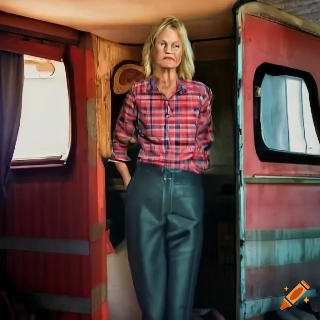 photorealistic image of a celebrity in a caravan